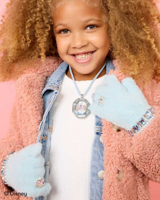 Super Smalls Disney Frozen Elsa Winter Jeweled Gloves
Child wearing a pink coat, denim jacket, and light blue gloves with decorative elements, smiling.