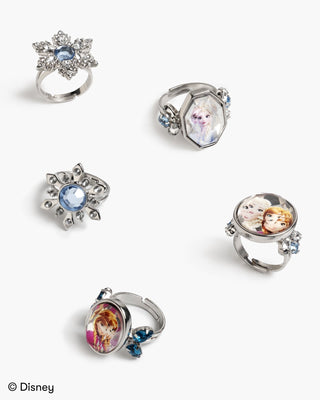 Super Smalls Disney Frozen Ring Set
Set of five silver rings with gemstones and character illustrations on a white background, featuring Disney branding.