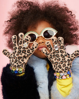 Super Smalls Jungle Jeweled Gloves
Person wearing leopard print gloves with gemstones against a pink background