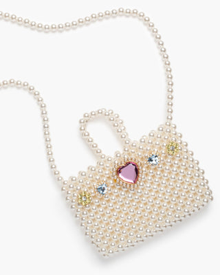 Super Smalls Pearl of the Party Handbag 
Heart-shaped pearl bag with decorative stones on a white background