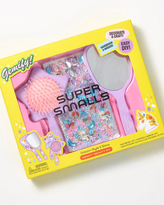 Super Smalls Unicorn Style & Shine Gemify® Hair Brush from the beauty kit, featuring colorful unicorn design and shiny gem accents.