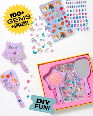 Super Smalls Unicorn Style & Shine Gemify® beauty kit with a colorful hair brush featuring a unicorn design and sparkling gem accents.