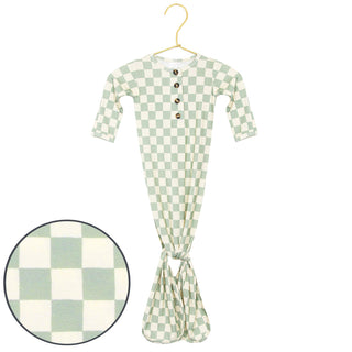 Lou Lou and Company Knit Knotted Gown for babies with a swamp checkered pattern, featuring a cozy, soft fabric and knotted design.