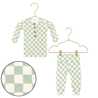 Lou Lou and Company knit outfit set in swamp checkered pattern, featuring a cozy top and matching bottoms for babies or toddlers.