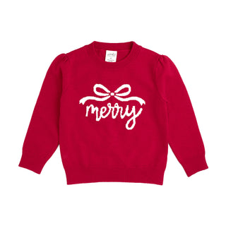 Sweet Wink Merry Bow Christmas sweater featuring festive holiday design with a red and green color scheme.
