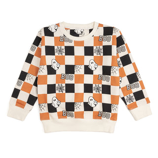 Sweet Wink Boo Checkered Halloween Sweatshirt - Natural Halloween-themed sweater with checkered pattern, ghosts, and 'BOO' text on a white background