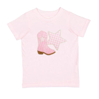 Sweet Wink Bandana Cowgirl Patch Western Short Sleeve T-Shirt
Pink t-shirt with cowboy boot and star design on a white background