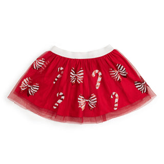 Sweet Wink Candy Cane Coquette Sequin Christmas Tutu
Red skirt with candy cane and bow patterns on a white background