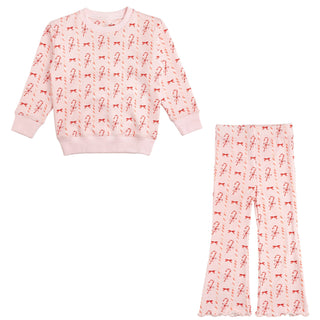 Sweet Wink Candy Cane Lane Christmas Sweatshirt & Flare Legging Set
Pink pajama set with bow pattern on a white background