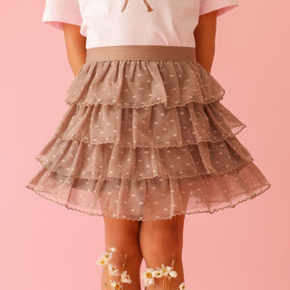 Sweet Wink Coco Ruffle Tutu Skirt
Layered skirt with polka dots on a pink background