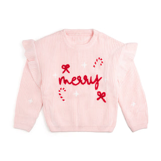 Sweet Wink Coquette Merry Christmas Knit Sweater
Pink sweater with 'merry' text and festive designs on a white background