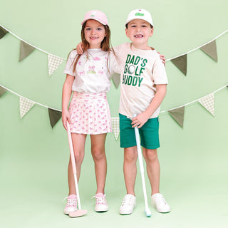 Sweet Wink Dad's Golf Buddy short sleeve T-shirt in natural heather, with golf-themed patches and casual style.