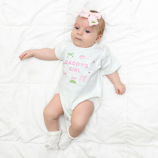 Sweet Wink Daddy's Girl Golf icon short sleeve romper in white, featuring embroidered golf design and lace details.