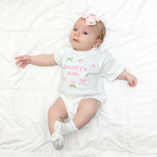 White Sweet Wink Daddy's Girl Golf Icon short sleeve romper with embroidered golf tee design for baby girls.
