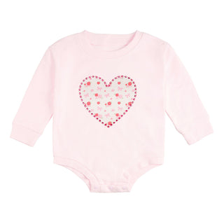Sweet Wink Dainty Rose Pearl Heart Patch Long Sleeve Romper - Ballet
Pink baby bodysuit with a heart design on a white background