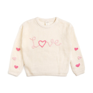 Sweet Wink Ditsy Love Valentine's Day Knit Sweater
Cream-colored sweater with 'LOVE' and heart designs on a white background