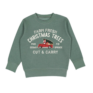 Sweet Wink Farm Fresh Christmas Tree patch sweatshirt featuring festive holiday embroidery and cozy knit fabric.