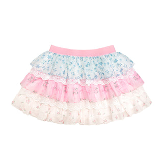 Sweet Wink Floral & Lace Tiered Tutu
Multicolored ruffled skirt with floral patterns on a white background