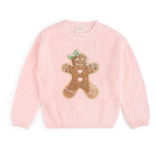 Sweet Wink gingerbread sequin patch Christmas sweater featuring festive gingerbread design and sparkling sequins.