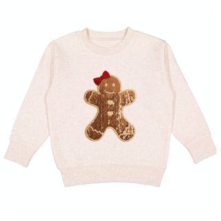 Sweet Wink Gingerbread Sequin Patch Christmas Sweatshirt - Natural 
Beige sweater with a gingerbread man patch on a white background