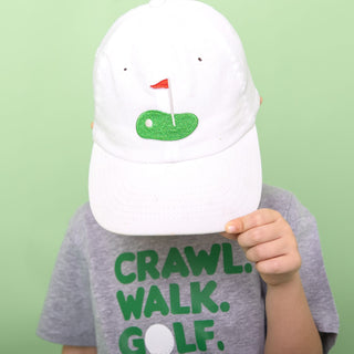 White Sweet Wink golf tee baseball hat with front flag patch, casual hat with adjustable strap, stylish and sporty accessory.