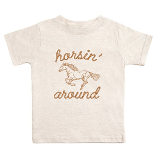 Sweet Wink Horsin' Around Western Short Sleeve T-Shirt
White t-shirt with gold horse graphic and text on a white background