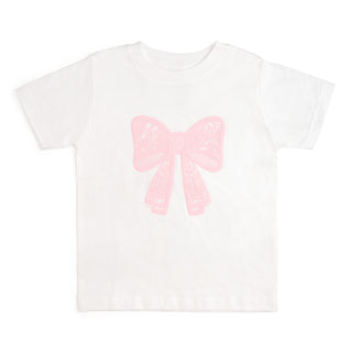 Sweet Wink Lace Bow Puff Ink Short Sleeve T-Shirt - White
White t-shirt with a pink bow design on a white background
