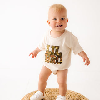 Sweet Wink Lil Bro Camo Patch Short Sleeve Romper - Natural
