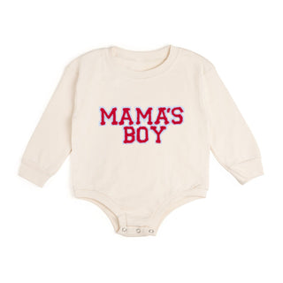 Sweet Wink Mama's Boy Varsity Patch Valentine's Day Long Sleeve Romper - Natural
Beige baby onesie with 'MAMA'S BOY' text in red on a white background