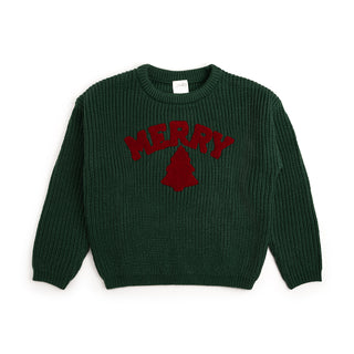 Sweet Wink Merry Patch Christmas Knit Sweater
Green sweater with red 'MERRY' and Christmas tree design on a white background