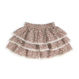 Sweet Wink Mocha Floral Skort
Floral tiered skirt with lace trim on a white background