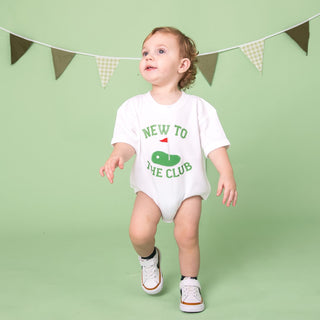 White Sweet Wink onesie romper with "New To The Club" patch, short sleeves, casual and comfortable for infants or toddlers.