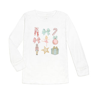 Sweet Wink Nutcracker Cutie Christmas Long Sleeve Shirt - White
White long-sleeve shirt with festive illustrations on a white background