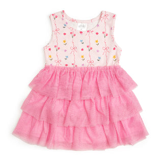 Sweet Wink Peony Floral Tank Tutu Dress
Pink dress with floral and bow pattern on a white background