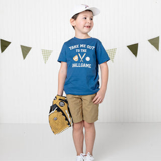 Sweet Wink Take Me Out To The Ballgame indigo short sleeve T-shirt with baseball patch and batter up hat, casual sports style.