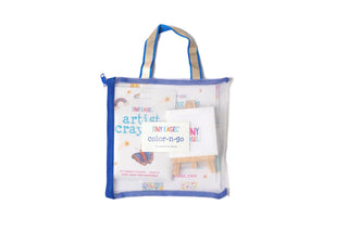 Tiny Easel Color-N-Go Set
Clear tote bag with blue handle and colorful text on a white background
