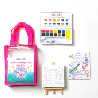 Mini art kit by Tiny Easel featuring small painting supplies and tools for creative arts and crafts projects.