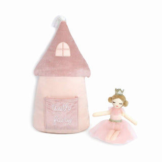 Mon Ami Tooth Fairy Pillow Set - Princess Castle Pink tooth fairy castle with a fairy doll on a white background