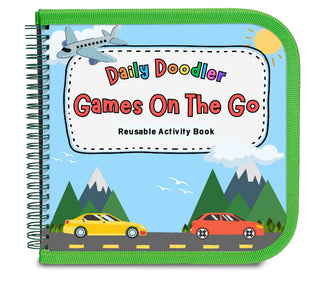 Daily Doodler Reusable Activity Book - Games on the Go
Reusable activity book titled 'Daily Doodler Games On The Go' with a car and airplane illustration on a blue sky background.