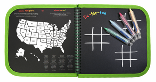 Daily Doodler Reusable Activity Book - Games on the Go
Book with US map and tic-tac-toe grid, featuring crayons on a white background