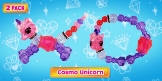 Cosmo Unicorn Twisty Petz 2 Pack
Two Cosmo Unicorn bracelets with pink and purple design on a blue background with heart and diamond patterns.