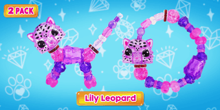 Lily Leopard Twisty Petz 2 Pack
Two pink and purple leopard-themed bracelets with interlocking design on a blue background with decorative elements.