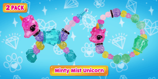 Minty Mist Twisty Petz 2 Pack
Two colorful unicorn-themed necklaces on a blue background with decorative elements.
