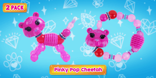 Pinky Pop Cheetah Twisty Petz 2 Pack
Two pink toy cheetahs with bracelets on a blue background with decorative patterns.