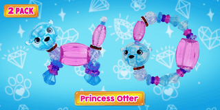 Princess Otter Twisty Petz 2 Pack Two Princess Otter toys with pink and blue elements on a blue background with diamond patterns.