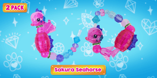 Sakura Seahorse Twisty Petz 2 Pack
Two Sakura Seahorse toys from a 2-pack on a blue background with decorative elements.