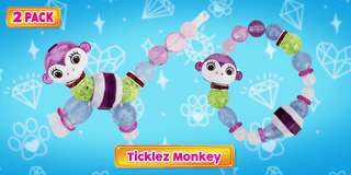 Ticklez Monkey Twisty Petz 2 Pack
Two Ticklez Monkey toys with colorful beads on a blue background with decorative elements.