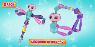 Three Twisty Petz toys from Super Impulse in a 3-pack, featuring a glitzy dragonfly design and colorful, twistable plastic figures.