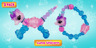 Three Twisty Petz toys including Luna the unicorn, colorful, twisting plastic toys from Super Impulse with playful animal designs.