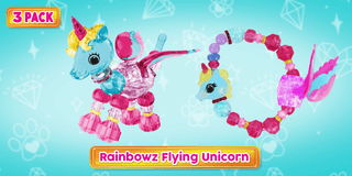 Three Twisty Petz toys from Super Impulse in a rainbow unicorn design, showcasing bright colors and playful shapes.